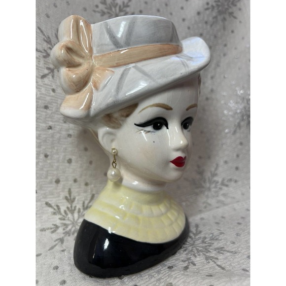VINTAGE REPRODUCTION LADY HEAD VASE, Earrings & Hat, 8” - Picture 7 of 8